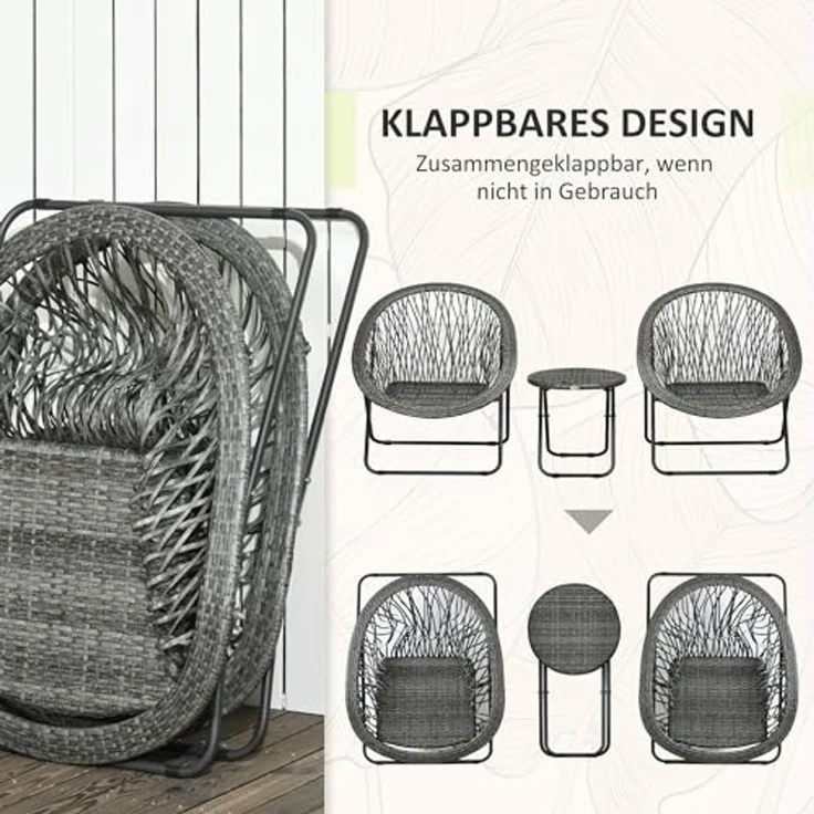Outsunny Sitzgruppe Klappbar Sitzgarnitur mit Couchtisch 2 Stühlen, (Balkonmöbel, 3-tlg, Gartensitzgruppe), für Balkon, Terrasse, Grau – Bild 5