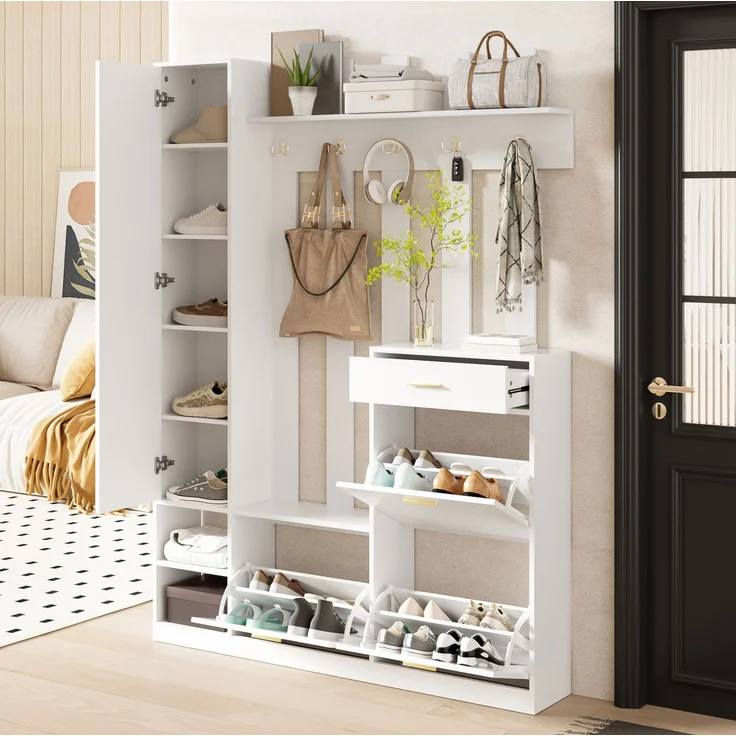 Garderoben-Set 133x23,5x180 cm mit Spiegel, 3 Schuhkippern und Schublade – Weiß – Bild 4