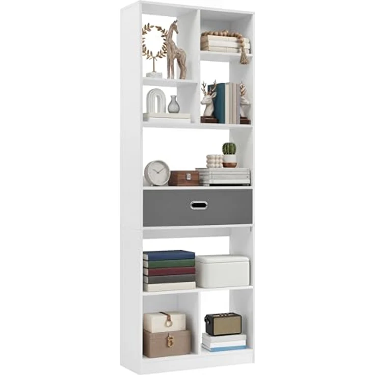 YITAHOME Hohes Bücherregal, freistehendes Regal mit 7 offenen Fächern und 1 Stoffschublade für Wohnzimmer, Schlafzimmer, Büro, Weiß, 60 B × 24 T × 170 H cm – Bild 8