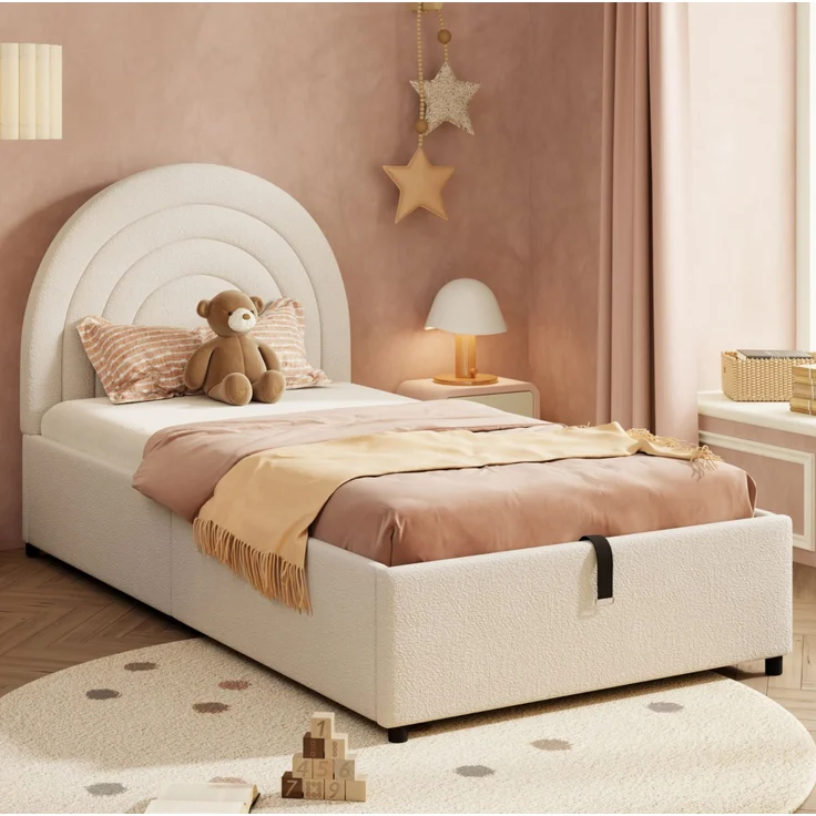 CHICFURN Polsterbett aus Bouclé Beige 90x200 cm mit hydraulischem Stauraum – Bild 3