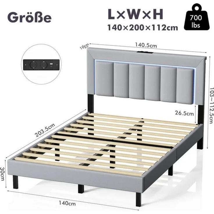 oyajia Polsterbett Polsterbett Doppelbett mit USB+Type C und LED-Beleuchtung (Jugendbett, Bettgestell), 90/140x 200 cm,Gepolstert,Kunstleder,mit Kopfteil und Lamellen – Bild 4