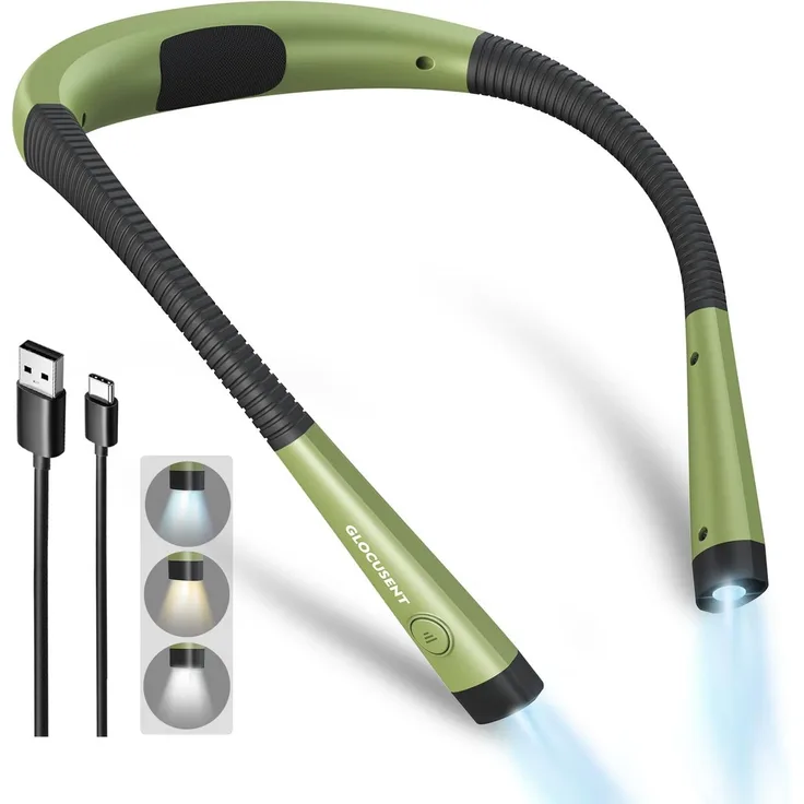 Glocusent Originale Leselampe Hals, 3 Farben 6 Helligkeiten, 80 Std. Dauer | Nackenlampe Wiederaufladbar, Freihandige & Vielseitige Biegbare Arme, Leselicht für Lesen Stricken Camping Reparieren