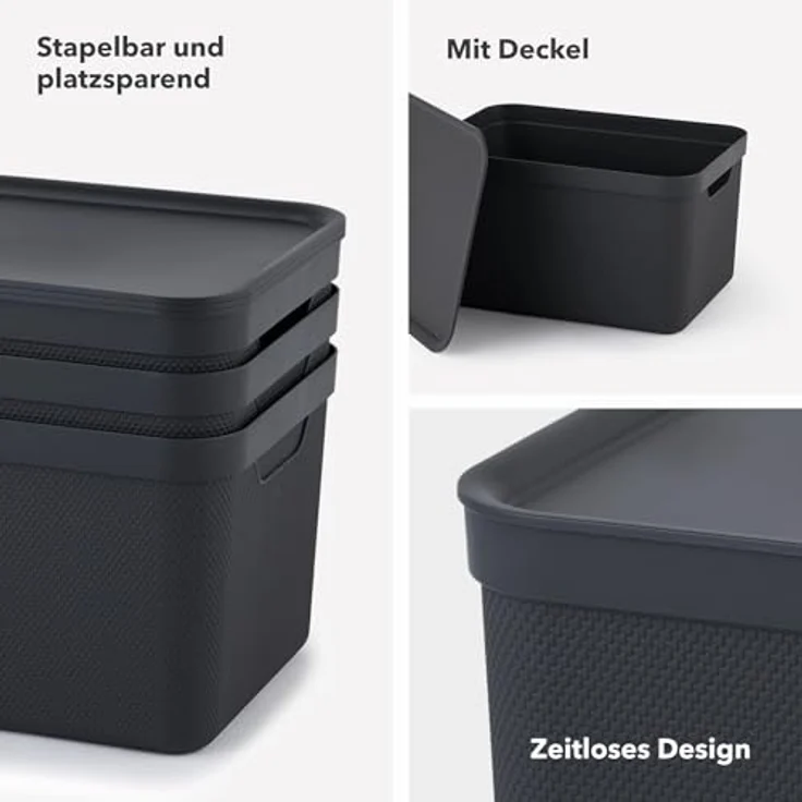 Jive Dekobox 3er- Set Aufbewahrungsbox 16l mit Deckel, Kunststoff (PP recycelt), grün/anthrazit, 3x16l (37.5 x 27.8 x 29.8 cm) – Bild 7