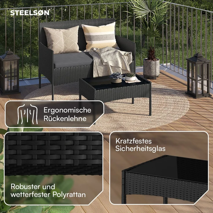 STEELSØN 'Thalora' Gartenlounge Set, 4-tlg. Sitzgruppe mit Sofa, 2 Stühlen und Tisch, inkl. Kissen, schwarz/anthrazit, aus Polyrattan – Bild 2