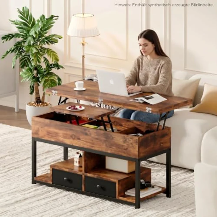 IRONCK Couchtisch Höhenverstellbar, LED Wohnzimmertisch mit Steckdosen | 2AC+USB+USB‑C, Kaffeetisch Holz, 2 Schubladen, Umwandelbar Esstisch 100×80cm, Vintagebraun – Bild 3