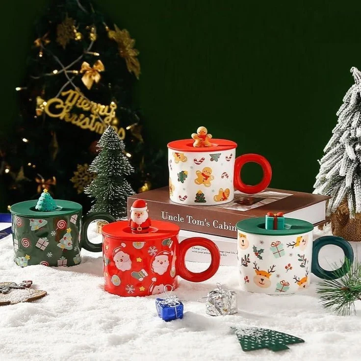 Weihnachtstasse Weihnachtsbecher Kaffeetasse mit Deckel 420ML Porzellanbecher – Bild 3