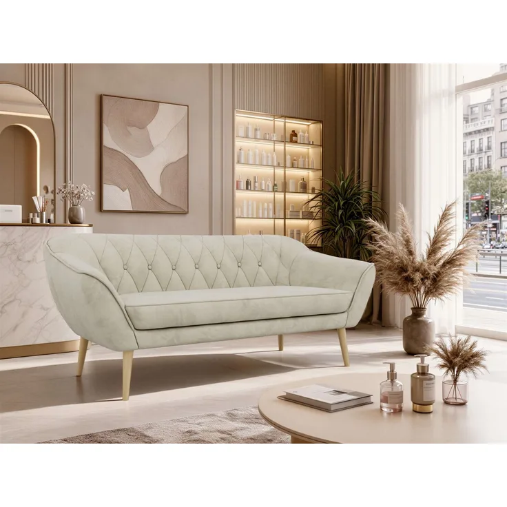 Sofa, Wohnzimmersofa PIRS 3, Skandinavisches Sofa 3-Sitzer, Sofa mit Wellenfederung, Buche Füße, Breite 180 cm Hoher Sitzkomfort - Beige Velvet