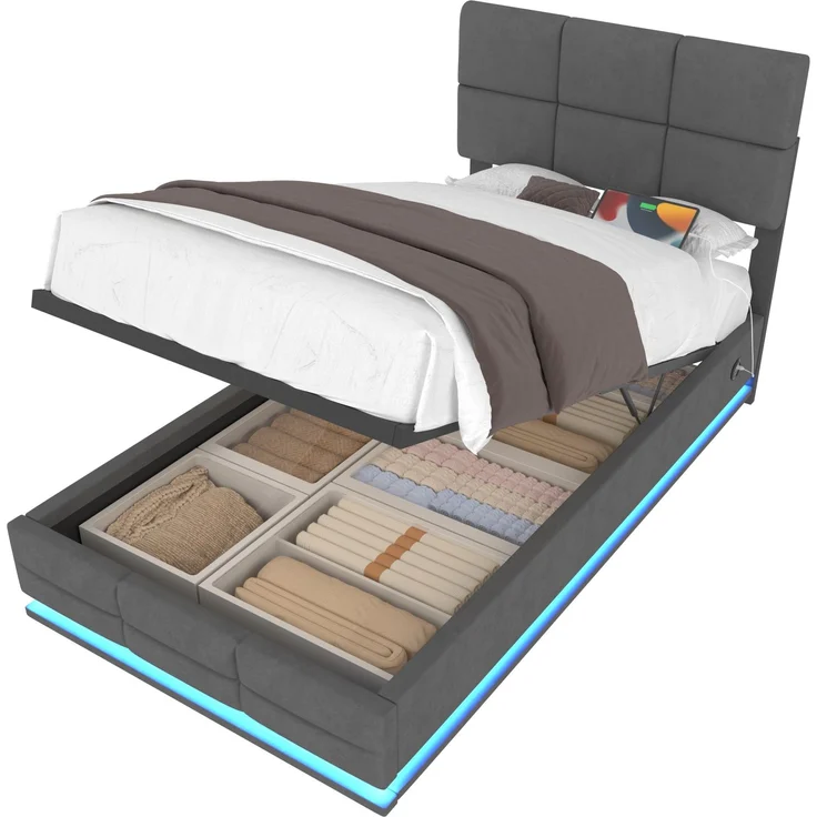 Polsterbett 90x200 cm mit LED, USB-Anschluss und Stauraum – Samt in Dunkelgrau, Ohne Matratze – Bild 7