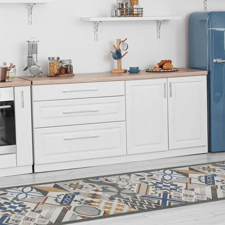 CREARREDA Cement Tiles Kitchen Rug, 180x50 cm, Non-Slip and Washable Vinyl, Kitchen Runner, 100% Washable, 100% Made in Italy Deluxe Line