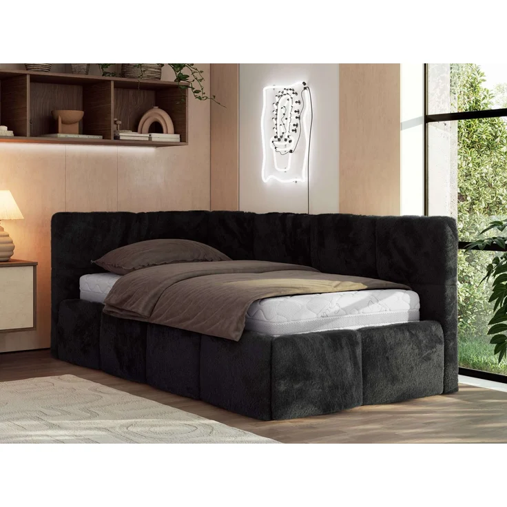 Jugendbett 90x200 ARVO Polsterbett mit Bettkasten, Stauraum & Gasdruckfeder, Modernes Design mit Kopfteil, Pocket Matratze - Schwarz Plüsch - VIRE LUX - Links Seite – Bild 1