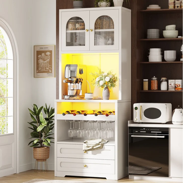 Hochschrank mit Glastüren, LED-Beleuchtung & Weinregal, 140x40x180 cm, Weiß – Bild 4