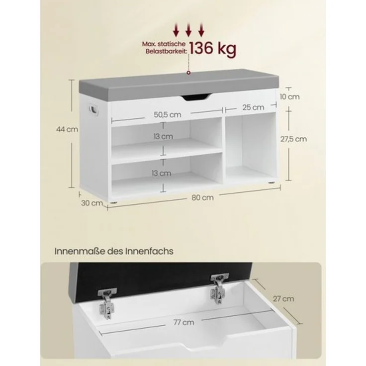Vasagle Schuhbank mit Sitzfläche, Holzspanplatte, 30 x 80 x 44 cm, wolkenweiß – Bild 5