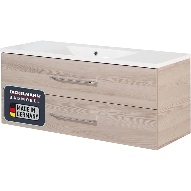 FACKELMANN B.CLEVER Waschbecken mit Unterschrank 120 cm breit, Braun hell, Waschbecken Gussmarmor Weiß