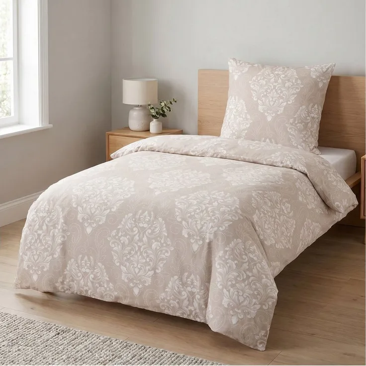 LINKHOFF Bettwäsche Biber Bettwäsche 135x200 oder 155x220 + 80x80 cm 2tlg. – Beige Weiß, Paisley Ornamente – 100% Baumwolle warme Feinbiber Winterbettwäsche
