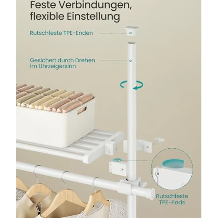 Songmics Teleskopstange Kleiderständer, 3-stufige Garderobe, höhen- und breitenverstellbar, offener Kleiderschrank mit 4 Kleiderstangen und 2 abnehmbaren Ablagen, Greifarm, mattweiß HSR154W01 – Bild 5