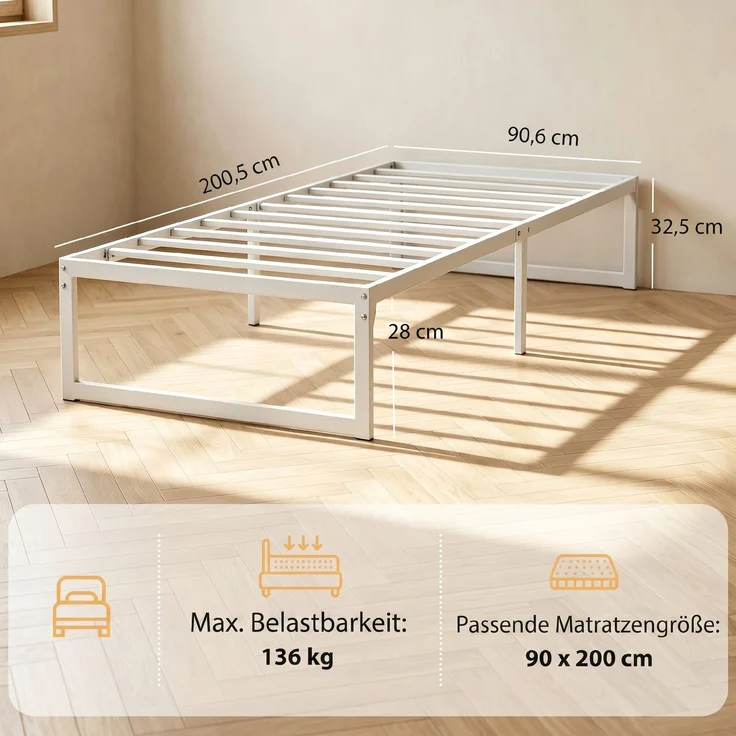 Bettgestell mit Stauraum und Stahl-Lattenrost, 32,5 cm hoch, geräuscharm, 200 x 90 cm, Weiß--Weiß--200.5x90.6x32.5cm--YOUDENOVA – Bild 5