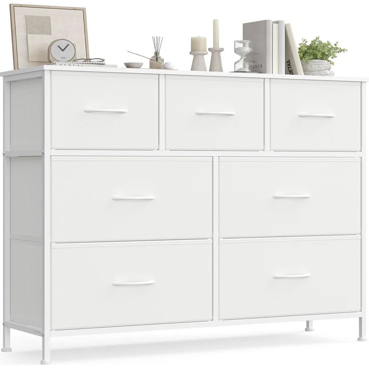 SONGMICS Kommode, Schrank, 7 Stoffschubladen, Aufbewahrungsschrank, Stahl, MDF, Vliesstoff, für Schlafzimmer, Flur, Wohnzimmer, wolkenweiß-schneeweiß LGS323WH01 – Bild 1
