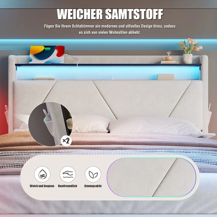 Polsterbett, Samt mit LED & Stauraum, 160x200 cm, Beige, ohne Matratze – Bild 5