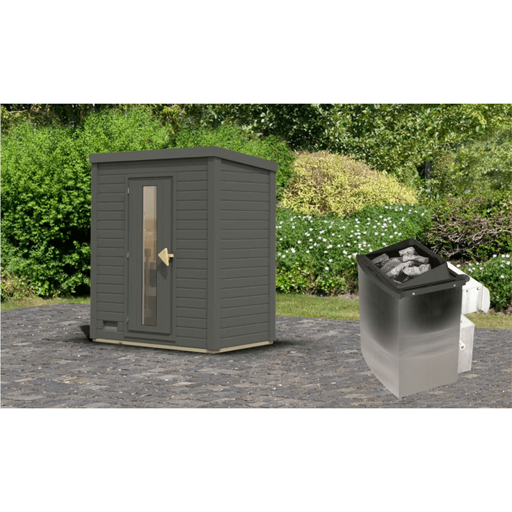 Karibu Sauna Hytti 0 terragrau mit 9 kW Ofen mit integrierter Steuerung