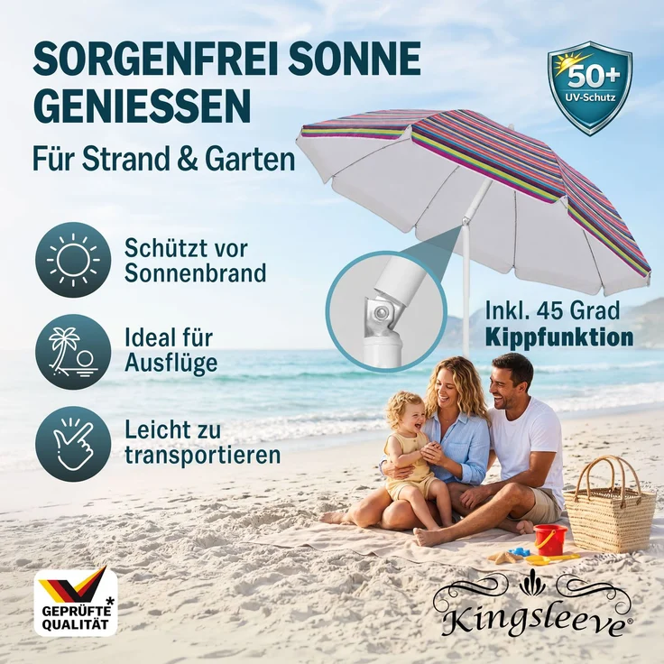 KINGSLEEVE® Sonnenschirm 200cm UV Schutz 50+ Neigbar Strand Garten Strandschirm Balkonschirm Gartenschirm Bunt – Bild 2