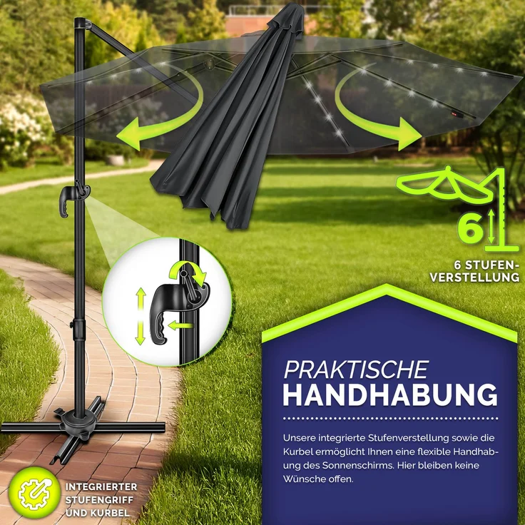 tillvex® Premium Alu Sonnenschirm 330 cm Anthrazit + Abdeckung & Windsicherung | Ampelschirm 6-Fach Verstellbar mit Kurbel | Gartenschirm 360° Drehbar Neigbar Kippbar | Kurbelschirm UV50+ Groß wasserdicht – Bild 3