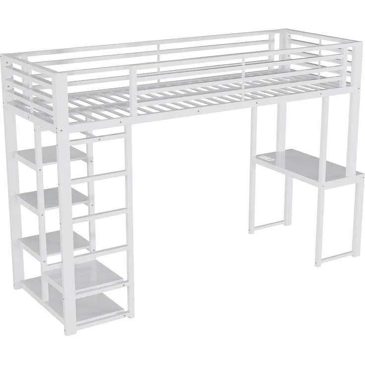 Zwei Schlafplätze,Hochbett,Eisenrahmen,90 x 200 cm,Schreibtisch,Doppelsteckdose mit USB-und Type-C-Schnittstelle,4 mehreren Regalen,Kleideraufbewahrung,En747zertifiziert,ohne Matratze,Weiß – Bild 9