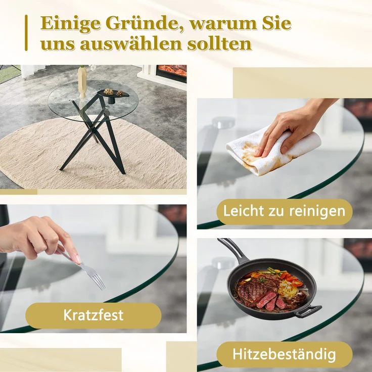 EINHOM Runder Glas-Couchtisch Ø ca. 85 cm, moderner Wohnzimmertisch mit geometrischem Design-Untergestell, gehärtete Glasplatte, stabiler Beistelltisch für Wohnzimmer – Bild 7