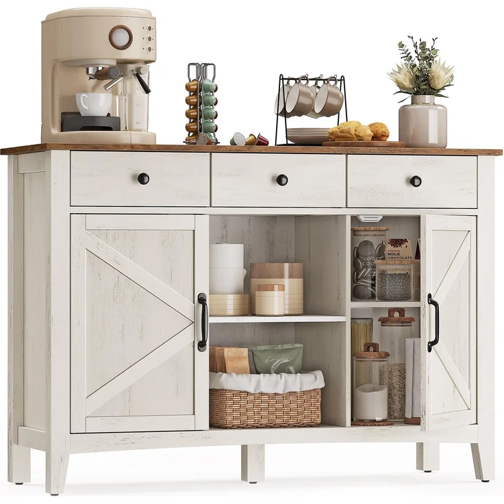 VASAGLE Küchenschrank, Sideboard mit Schubladen, Aufbewahrungsschrank mit Türen, verstellbare Ablage, Landhausstil, für Wohnzimmer Küche, 40 x 114,5 x 80 cm, vintageweiß-honigbraun BBK371W02V1
