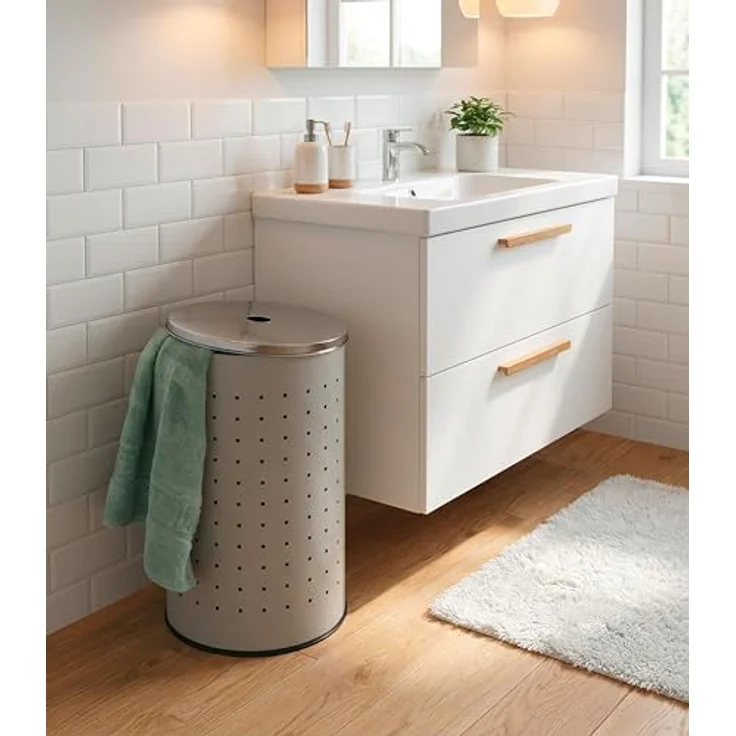 Home4You Wäschetonne Wäschesammler, Greige, Ø 29 x H 54 cm, (Set, 1 St), 37 Liter Fassungsvermögen, mit Belüftungslöcher – Bild 2