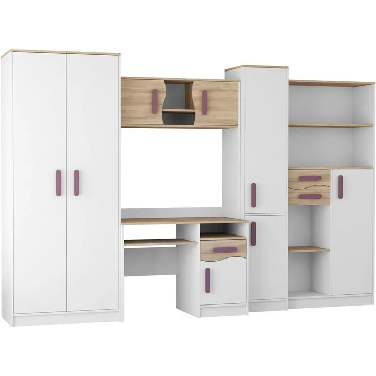 Deine Möbel 24 Jugendzimmer-Set MIKI Jugend-Schrankwand Jugendzimmer Jugendmöbel 5-teilig in Weiß, (5-St), Schreibtisch, Schreibtisch Aufsatz, 2x Regal, Schrank