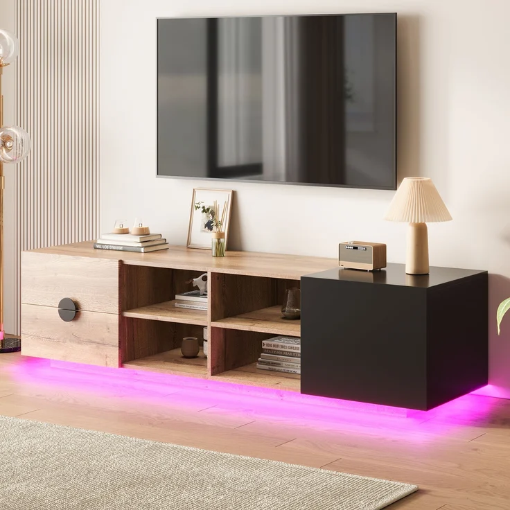 Fernsehtisch, Holzwerkstoff mit LED & Schublade, 180x38,5x47 cm, Schwarz/Natur – Bild 4