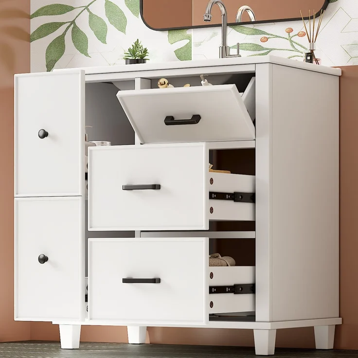 Waschtisch 76,5x47x83,5 cm, freistehend, mit Keramikbecken und Schubladen, Weiß – Bild 3