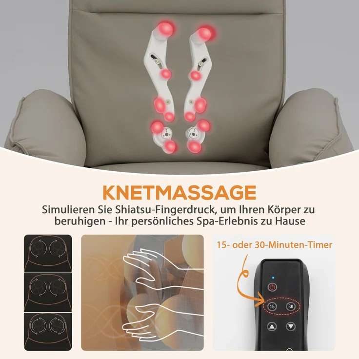 Wohnora-Elektrischer Massagesessel, Kunstlederbezug, Fußstütze, Seitentasche, Beige,H 1020cm x T 920cm x B 860cm – Bild 5