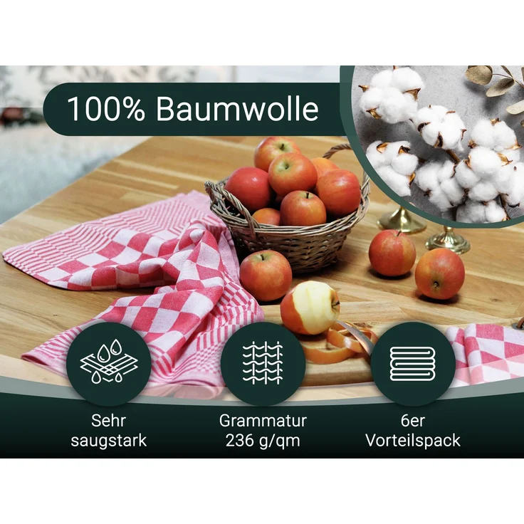 ZOLLNER 6er Set Geschirrtücher, 65x65 cm, 100% Baumwolle, rot kariert – Bild 2
