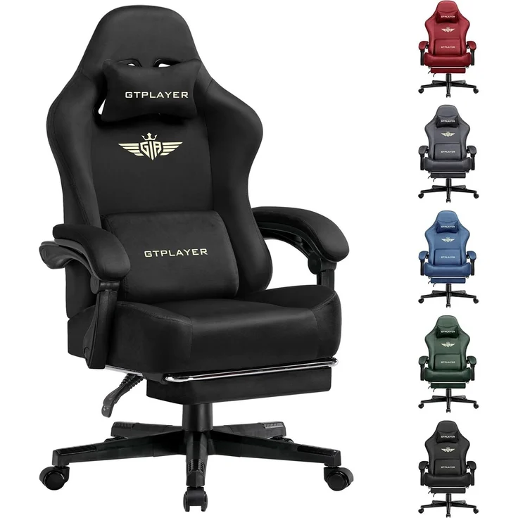 GTPLAYER Gaming Stuhl, Atmungsaktiver Bürostuhl, bürostuhl ergonomisch,Hochwertiger - Stoff, Ergonomischer PC Stuhl,160° Verstellbare Rückenlehne und ausziehbare Fußstütze,Tragkraft 180 kg,Hellschwarz