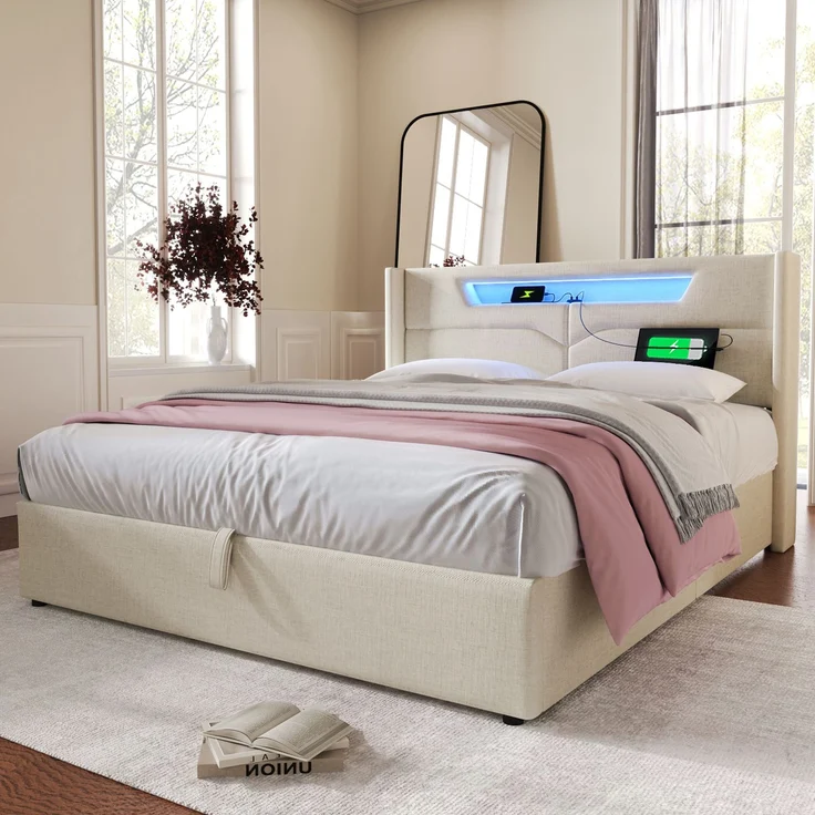 Polsterbett mit LED-Beleuchtung 140x200 cm, USB- und Type-C-Ladefunktion, verstellbarer Lattenrost,Beige,inklusive Matratze – Bild 3