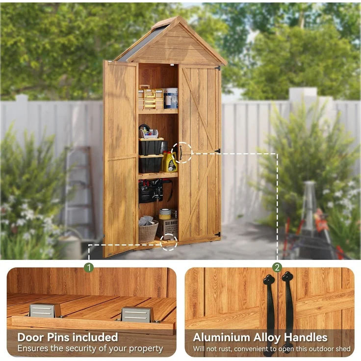 Aoxun Geräteschuppen Holz 73x39x169cm mit Regalen, giebelförmiges Gartenhaus mit Asphaltdach & Doppeltüren, wetterfester Gartenschrank Outdoor für Balkon Terrasse Hinterhof,Natürlicher Holzfarbton – Bild 5