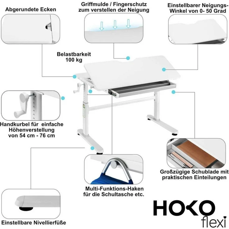HOKO Kinderschreibtisch Ergo Jugend Schreibtisch höhenverstellbar 54-76 cm, 100x60 cm (ergonomischer Computertisch mit neigbarer Tischplatte (0-50) & Schublade, stabil & belastbar bis 100 kg, Weiß, Holzfarben) – Bild 4