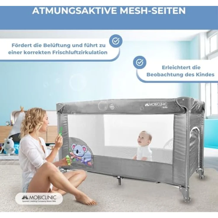 Mobiclinic®, Reisebett, Tragetasche, 2 in 1, Ultrakompakt faltbar, Herausnehmbare matratze, Mofli, Bis zu 15kg, Atmungsaktives gewebe, Seiteneingang mit reißverschluss, Baby laufstall (grau) – Bild 9