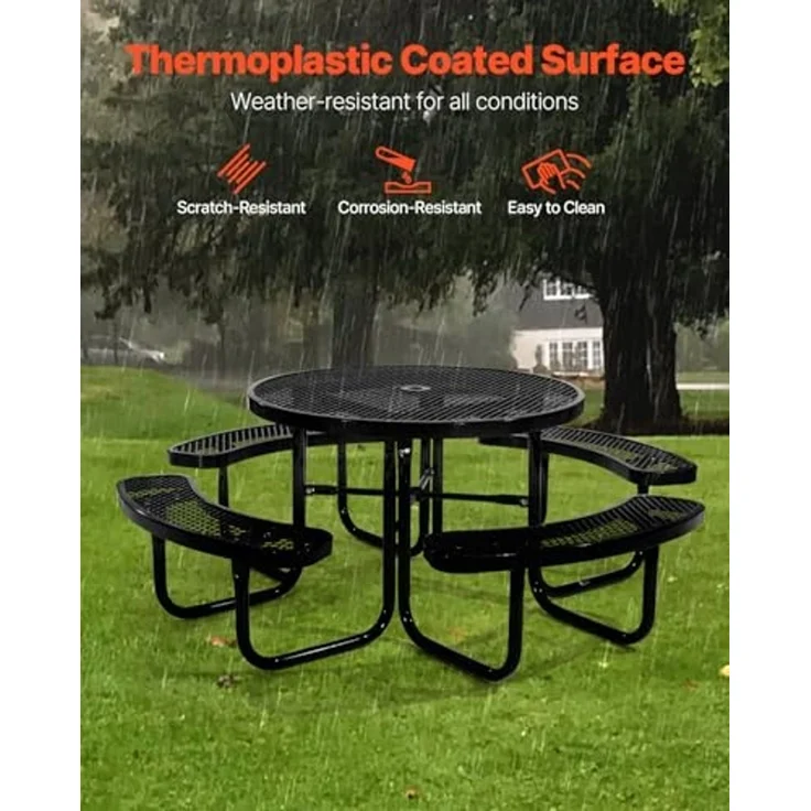 VEVOR Picknicktisch (rund) mit 4 Bänken Sitzgarnitur, wetterfestes Gartenmöbel-Set für Terrasse, beschichtete Stahltische mit Loch für Schirm, Gartengarnitur für Hinterhof Veranda (schwarz) – Bild 7