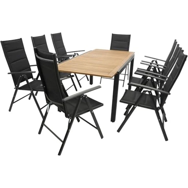 DEGAMO Garten-Essgruppe MILOS 9-teilig, 8x Klappsessel, 1x Ausziehtisch 150/200x90 cm, Alu anthrazit + Akazie – Bild 1