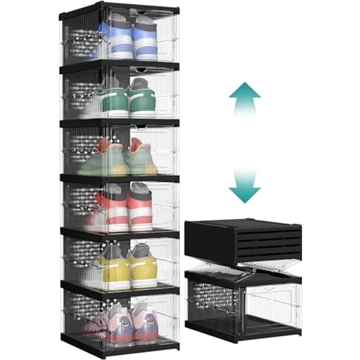 SONGMICS Schuhschrank, mit 6 Schuhboxen, integrierter Schuh-Organizer, faltbar, tragbar, für Schuhe bis Größe 46, 1-Min-Montage, transparent-tintenschwarz LSP205B01 – Bild 2