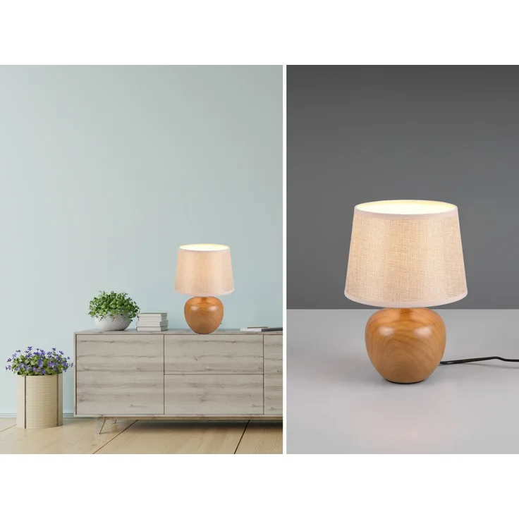 LED Tischleuchte Keramik in Holzoptik mit Stoffschirm Beige, Höhe 26cm