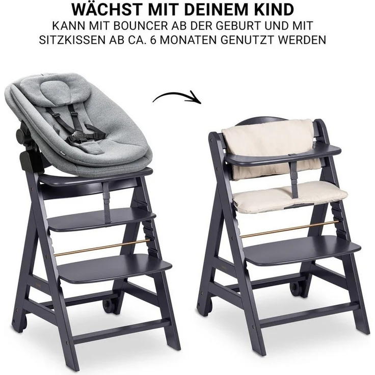 Hauck Hochstuhl Beta Plus Dark Grey Newborn Set 3in1 Bouncer (Set), Holz Babystuhl ab Geburt mit Neugeborenensufsatz, Sitzkissen, Essbrett – Bild 3
