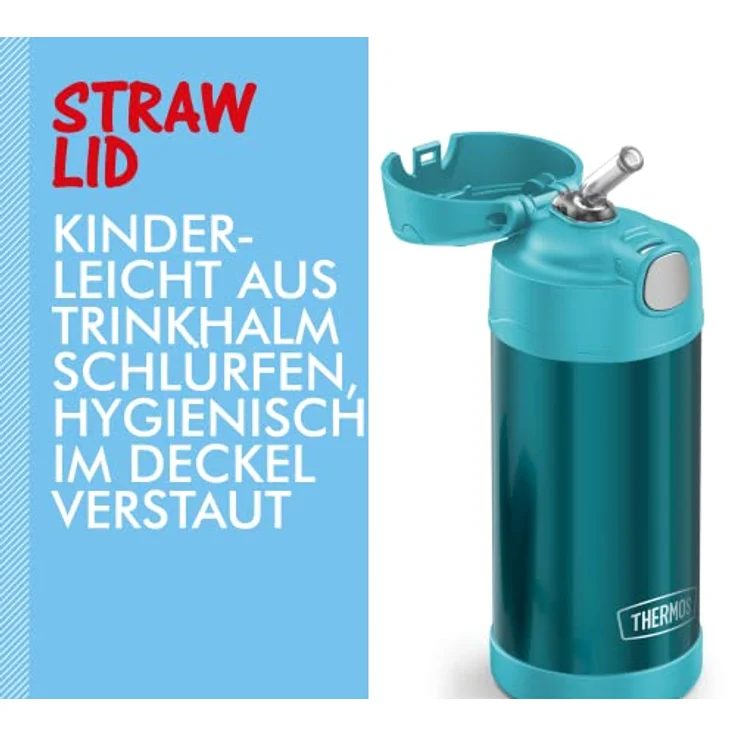 THERMOS kids FUNTAINER STRAW BOTTLE 0,35l, ocean teal, Thermosflasche für Kinder aus Edelstahl, mit Strohhalm, 12 h kalt, absolut dicht, für Schule, Kindergarten, Pause – Bild 4