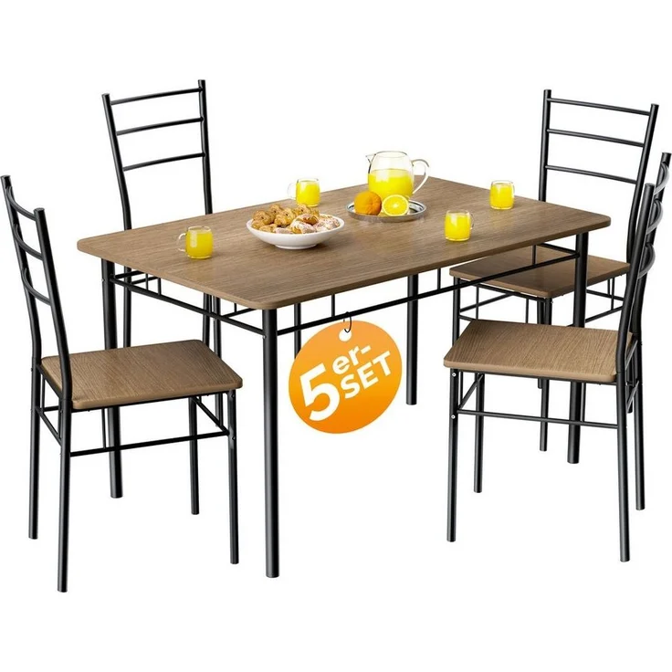CASARIA® Esstisch-Set, Holz, braun, mit 4 Stühlen – Bild 1