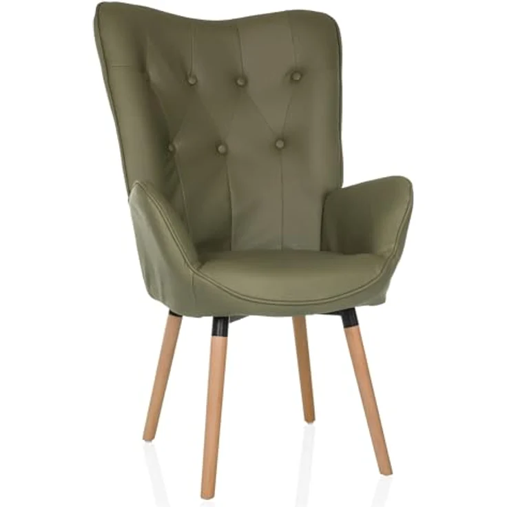hjh LIVING Ohrensessel in Velour-Optik HAVENIO I Sessel für Wohnzimmer Schlafzimmer, Polsterstuhl mit Holzbeinen, Stoff Olivgrün – Bild 2