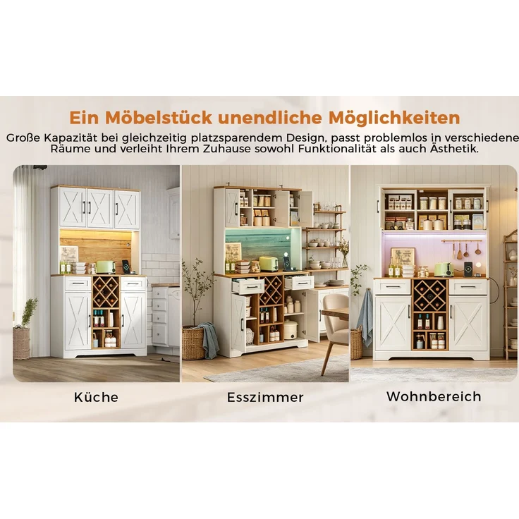 ZUBALIYA hoher Stauraumschrank mit LED-Beleuchtung / Vorratsschrank mit Weinregalen, mit weinschrank & Vitrinenschrank für Wohnzimmer und Esszimmer, 180 x 105 x 40 cm, fürs Wohnzimmer, mit Schubladen – Bild 18