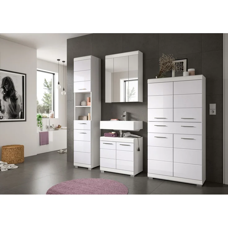 Xonox Scout Badmidischrank (B/H/T: 74x141x31 cm) in weiß Nachbildung und weiß Hochglanz tiefzieh – Bild 5
