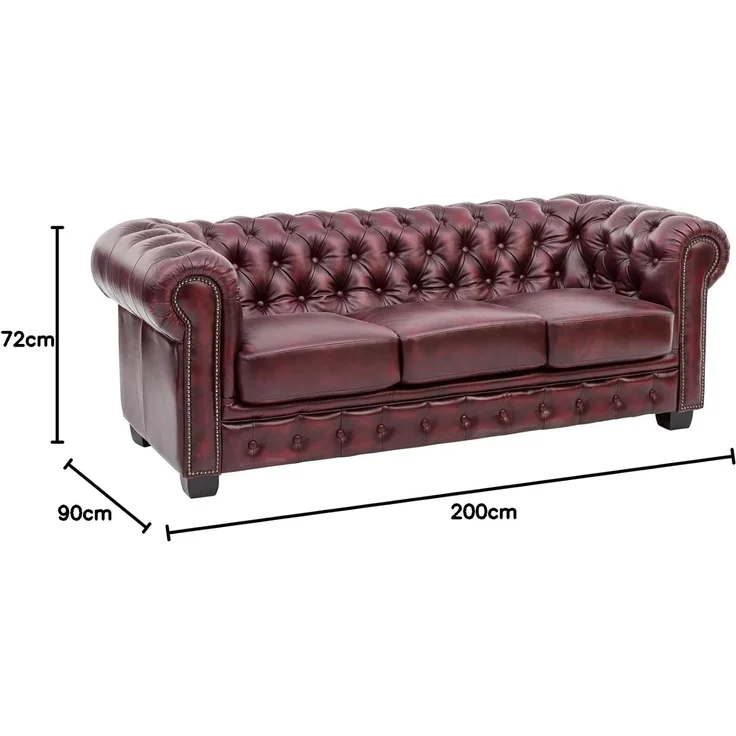 Chesterfield Echtleder Sofa 3-Sitzer antik-rot 200x72x90 cm massivum Serie Chesterfield Ledercouch englisches Design Clubsofa Büro Wohnzimmer – Bild 3